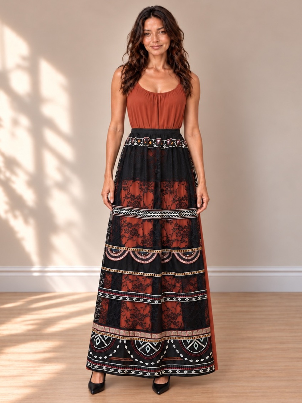 Statement Black Lace Embroidered Maxi Apron Overskirt Tie Waist